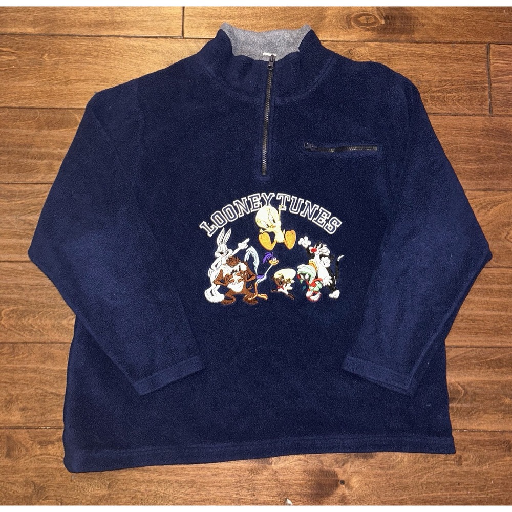 Vintage Looney Tunes Sweatshirt Men XL Blue Fleece Sweater Y2K‎ Embroidered